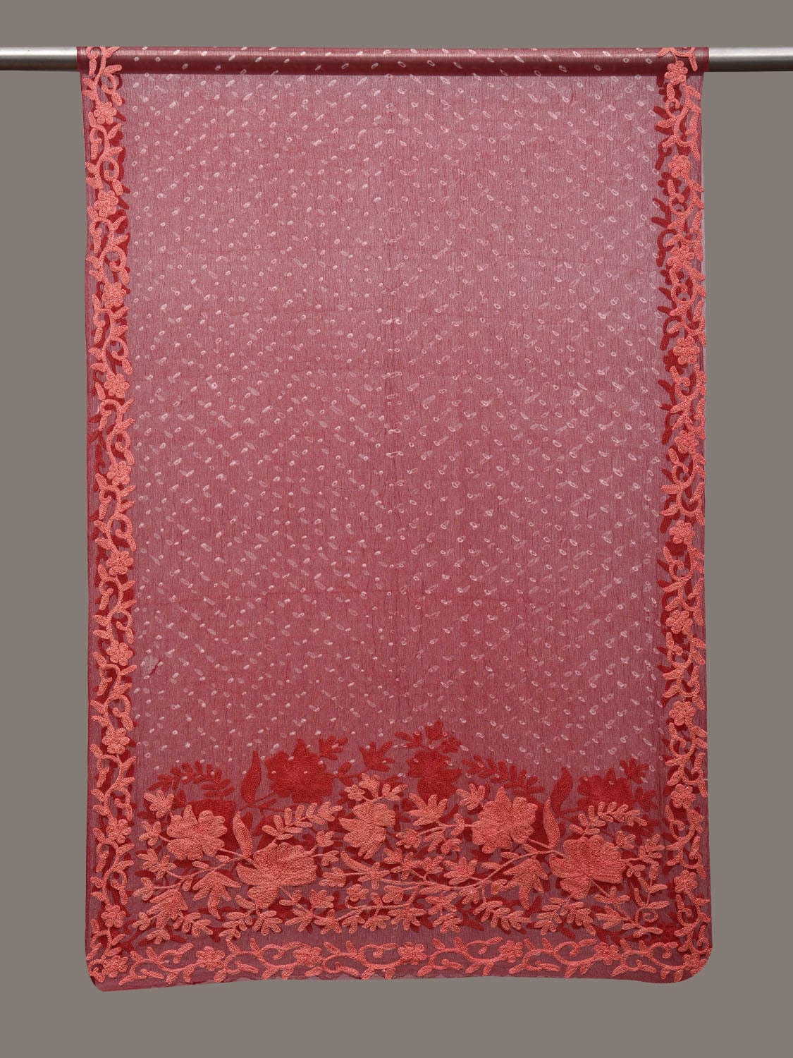 Red Bandhani Organza Stole with Embroidary Work Design - Global Threads | Swadesiicart