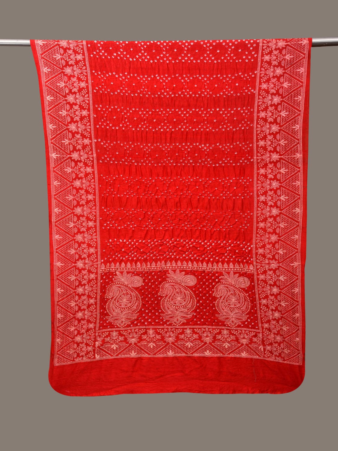 Red Bandhani Silk Stole with Embroidary Work Design - Global Threads | Swadesiicart