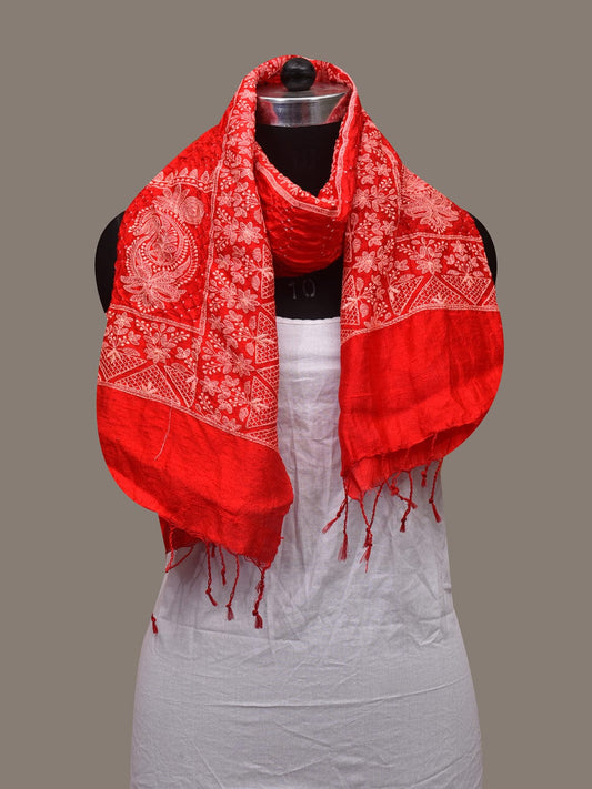 Red Bandhani Silk Stole with Embroidary Work Design - Global Threads | Swadesiicart