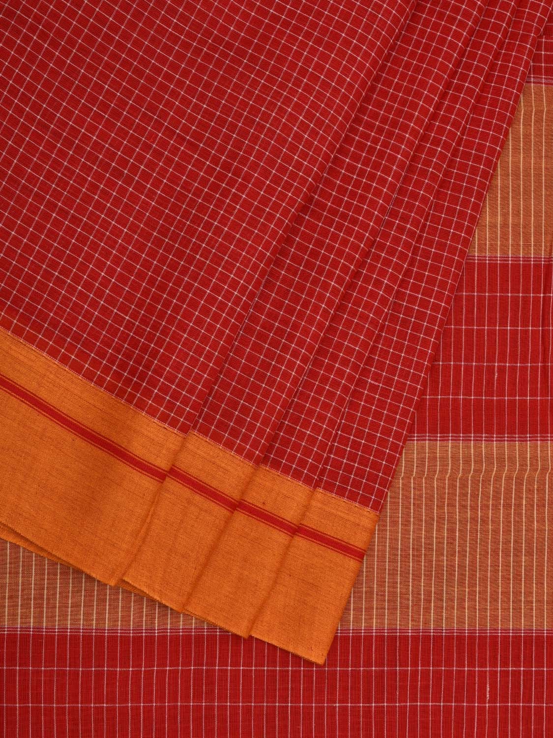 Red ilkal Cotton Handloom Saree with Checks Design No Blouse - Global Threads | Swadesiicart