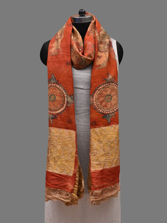 Red Kalamkari Hand Painted Kanchipuram Silk Handloom Dupatta with Dashavatar Design - Global Threads | Swadesiicart