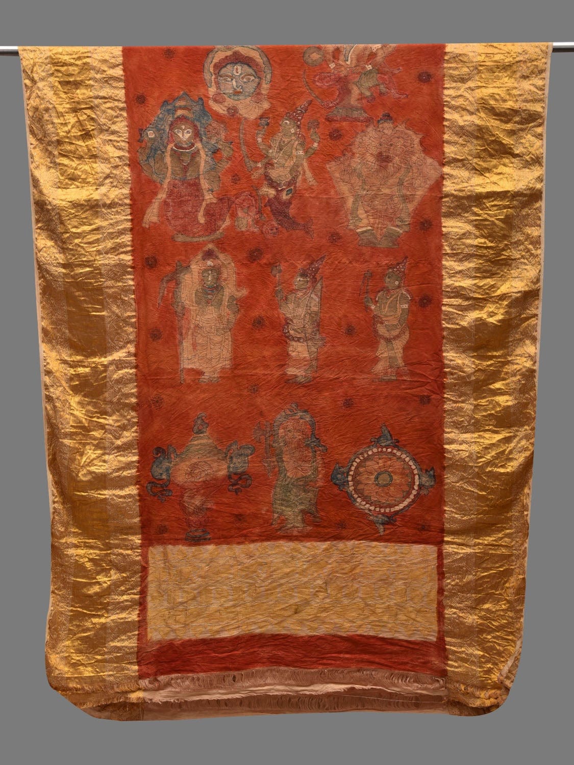 Red Kalamkari Hand Painted Kanchipuram Silk Handloom Dupatta with Dashavatar Design - Global Threads | Swadesiicart