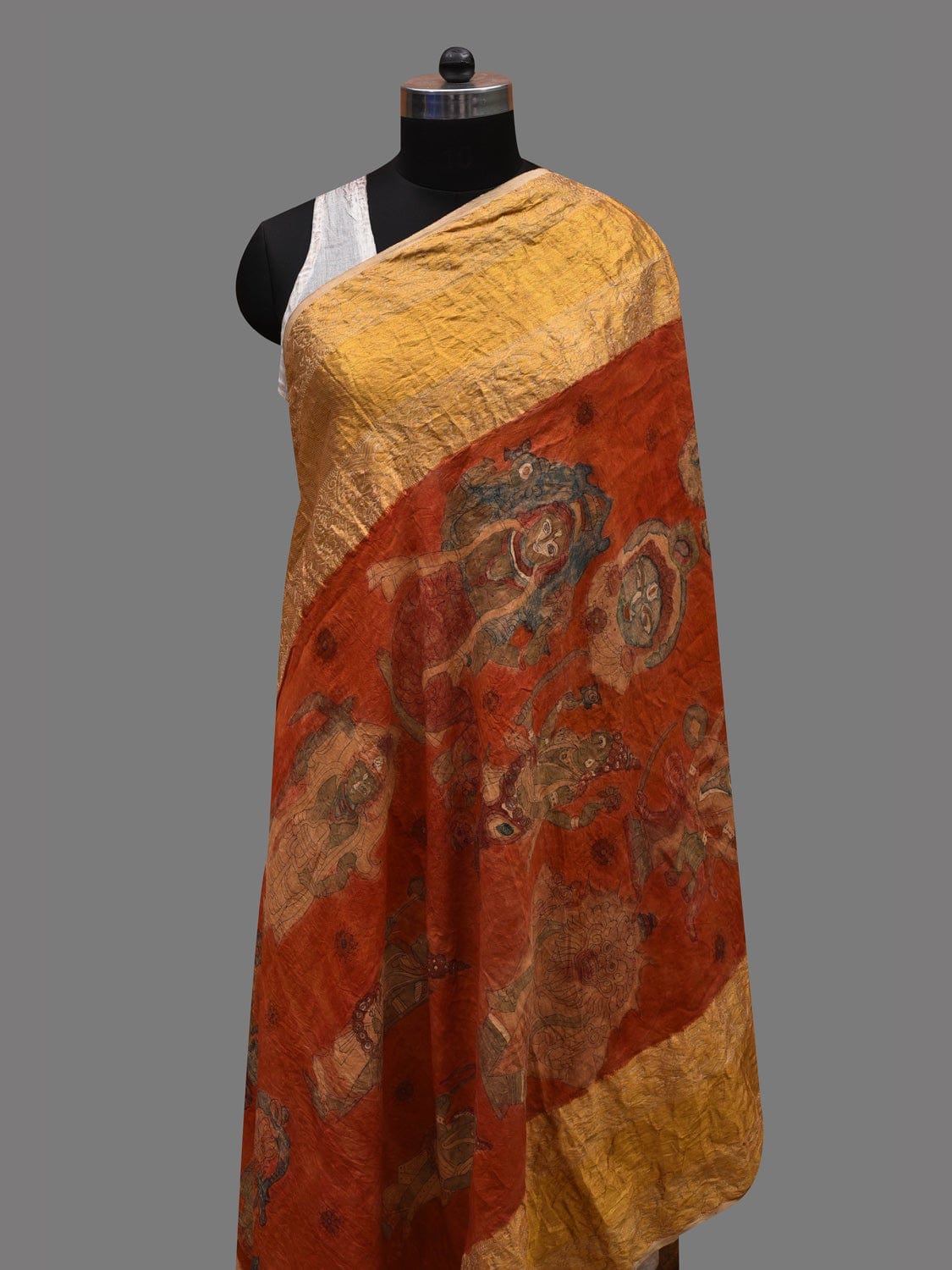 Red Kalamkari Hand Painted Kanchipuram Silk Handloom Dupatta with Dashavatar Design - Global Threads | Swadesiicart