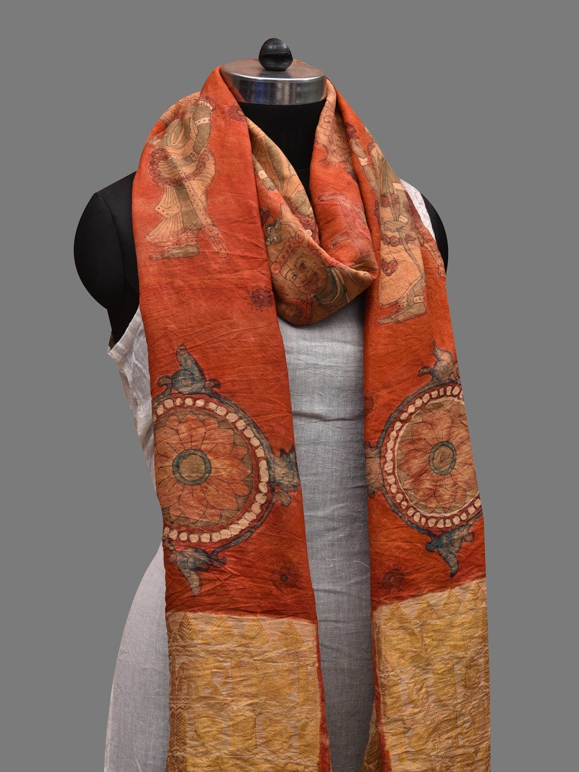 Red Kalamkari Hand Painted Kanchipuram Silk Handloom Dupatta with Dashavatar Design - Global Threads | Swadesiicart