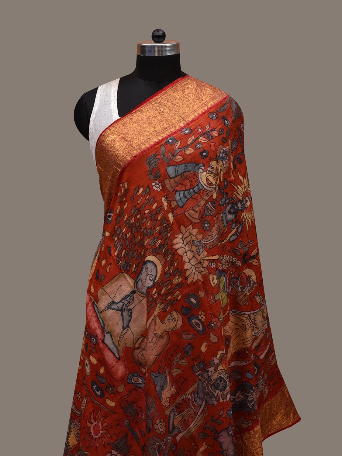 Red Kalamkari Hand Painted Kanchipuram Silk Handloom Dupatta with Dashavatar Design - Global Threads | Swadesiicart