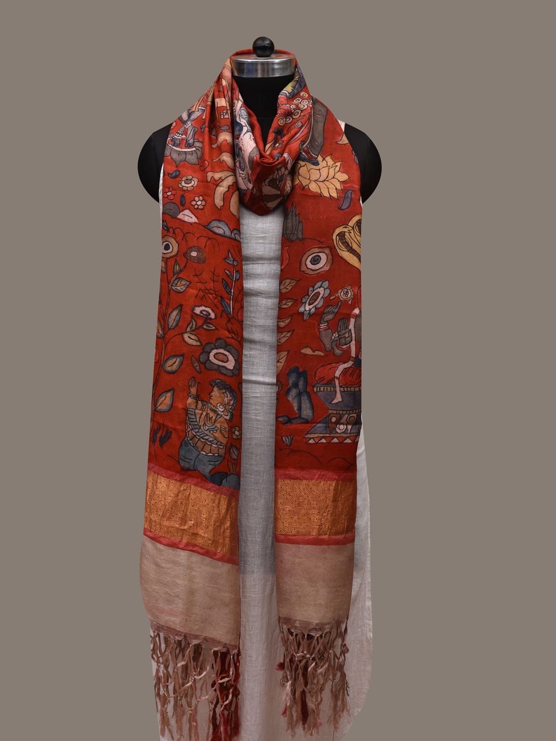 Red Kalamkari Hand Painted Kanchipuram Silk Handloom Dupatta with Dashavatar Design - Global Threads | Swadesiicart