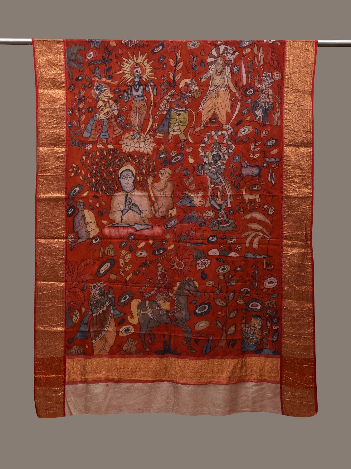 Red Kalamkari Hand Painted Kanchipuram Silk Handloom Dupatta with Dashavatar Design - Global Threads | Swadesiicart