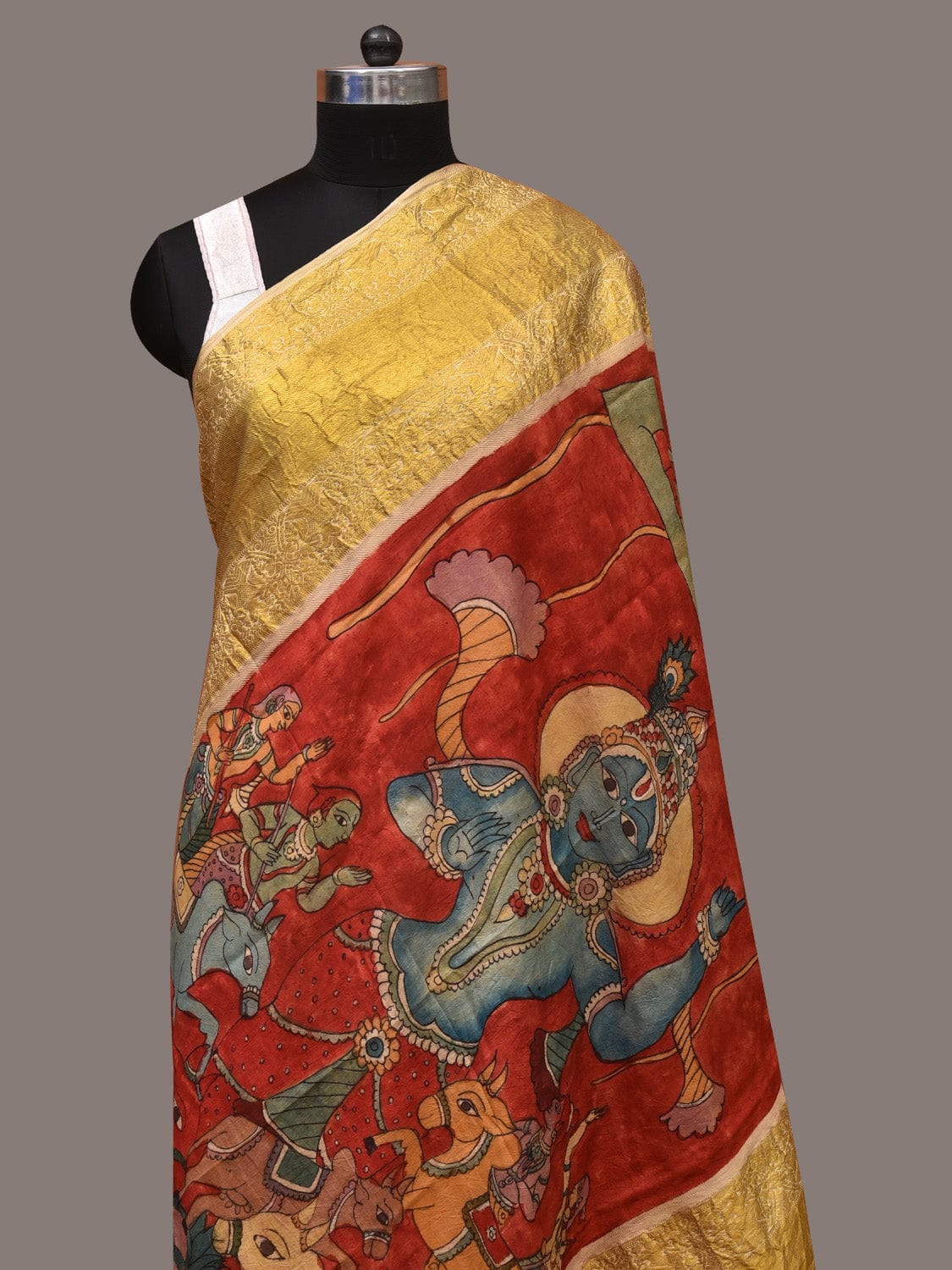 Red Kalamkari Hand Painted Kanchipuram Silk Handloom Dupatta with Krishna Design - Global Threads | Swadesiicart