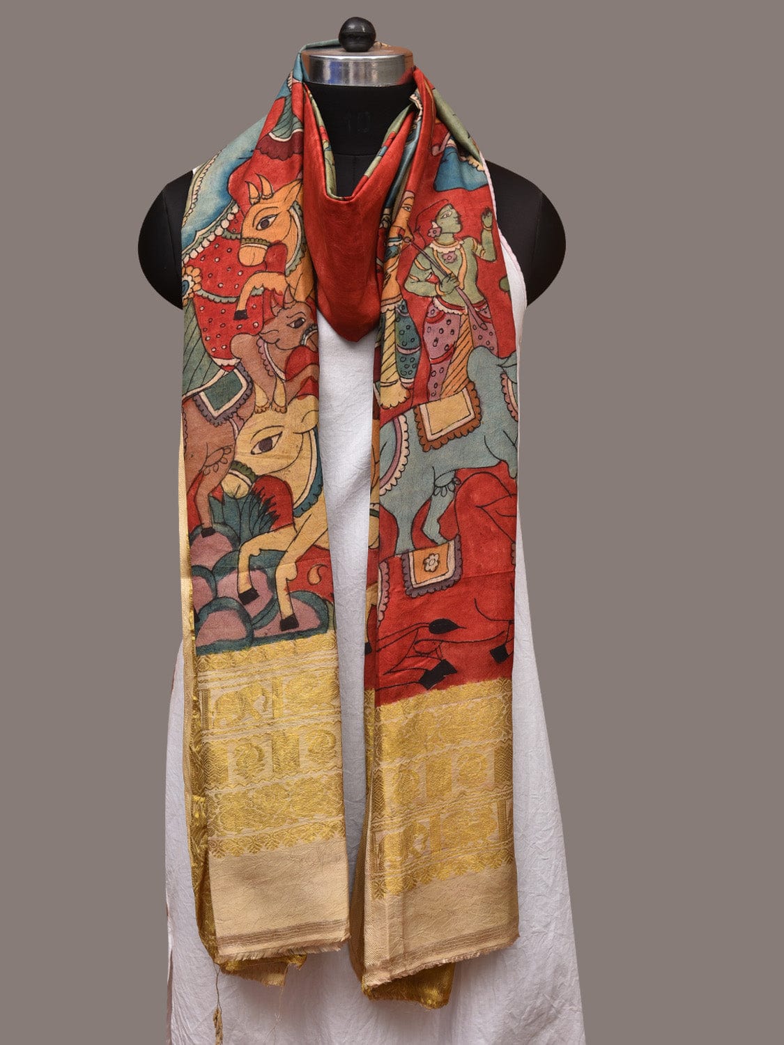 Red Kalamkari Hand Painted Kanchipuram Silk Handloom Dupatta with Krishna Design - Global Threads | Swadesiicart