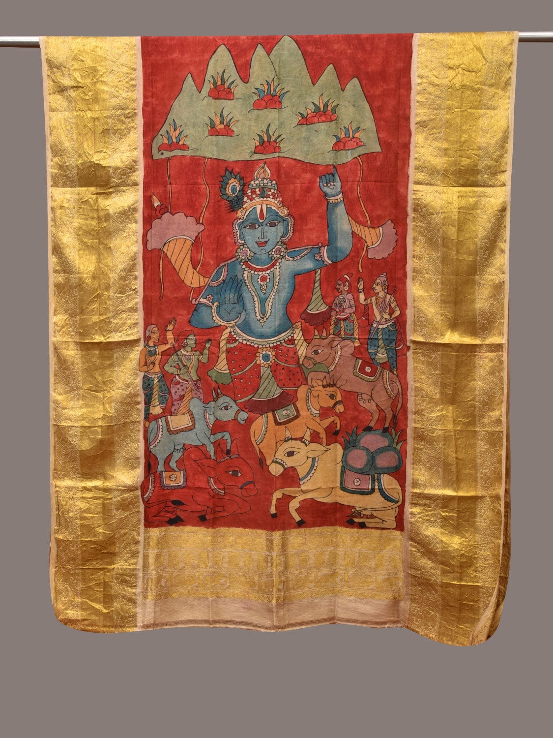 Red Kalamkari Hand Painted Kanchipuram Silk Handloom Dupatta with Krishna Design - Global Threads | Swadesiicart