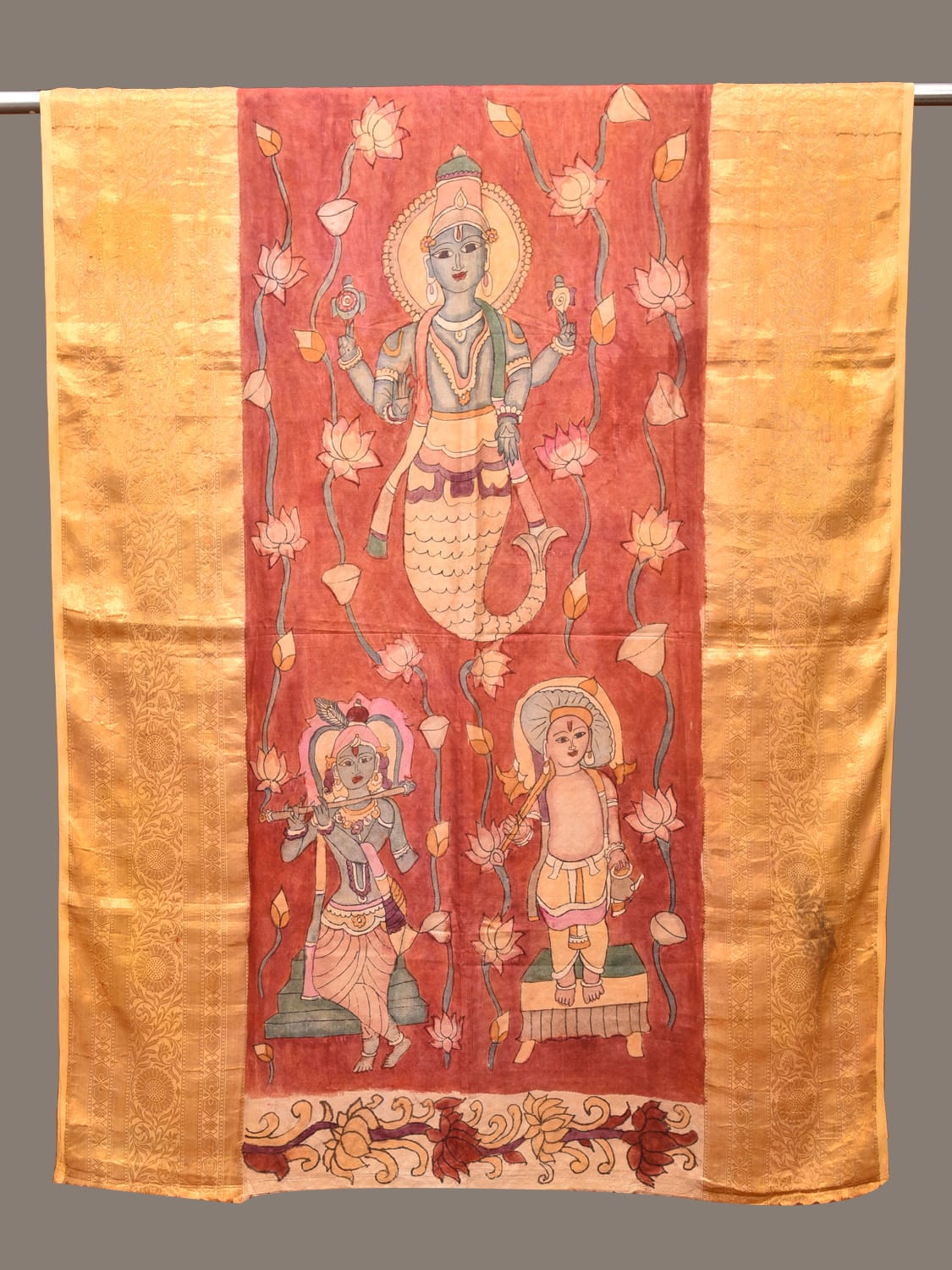 Red Kalamkari Hand Painted Kanchipuram Silk Handloom Dupatta with Lotus and God Design - Global Threads | Swadesiicart