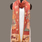 Red Kalamkari Hand Painted Kanchipuram Silk Handloom Dupatta with Lotus and God Design - Global Threads | Swadesiicart