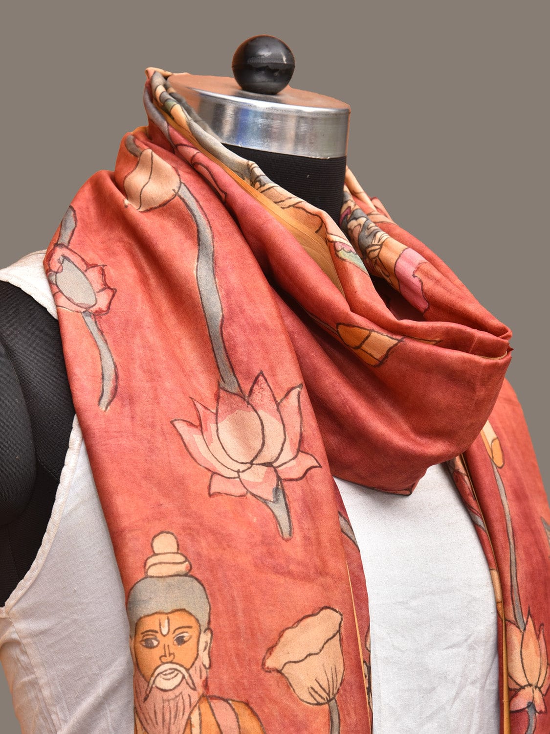Red Kalamkari Hand Painted Kanchipuram Silk Handloom Dupatta with Lotus and God Design - Global Threads | Swadesiicart