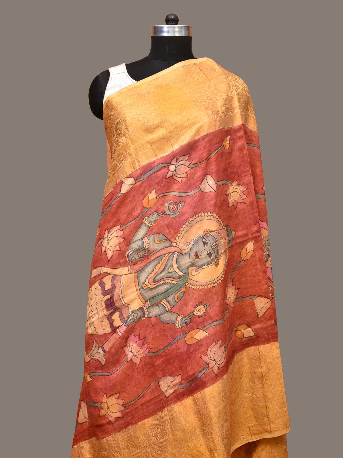 Red Kalamkari Hand Painted Kanchipuram Silk Handloom Dupatta with Lotus and God Design - Global Threads | Swadesiicart