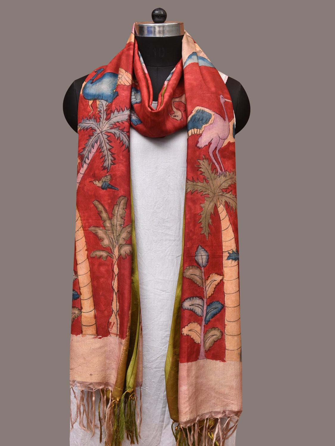 Red Kalamkari Hand Painted Kanchipuram Silk Handloom Dupatta with Mountains and Birds Design - Global Threads | Swadesiicart