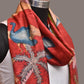 Red Kalamkari Hand Painted Kanchipuram Silk Handloom Dupatta with Mountains and Birds Design - Global Threads | Swadesiicart
