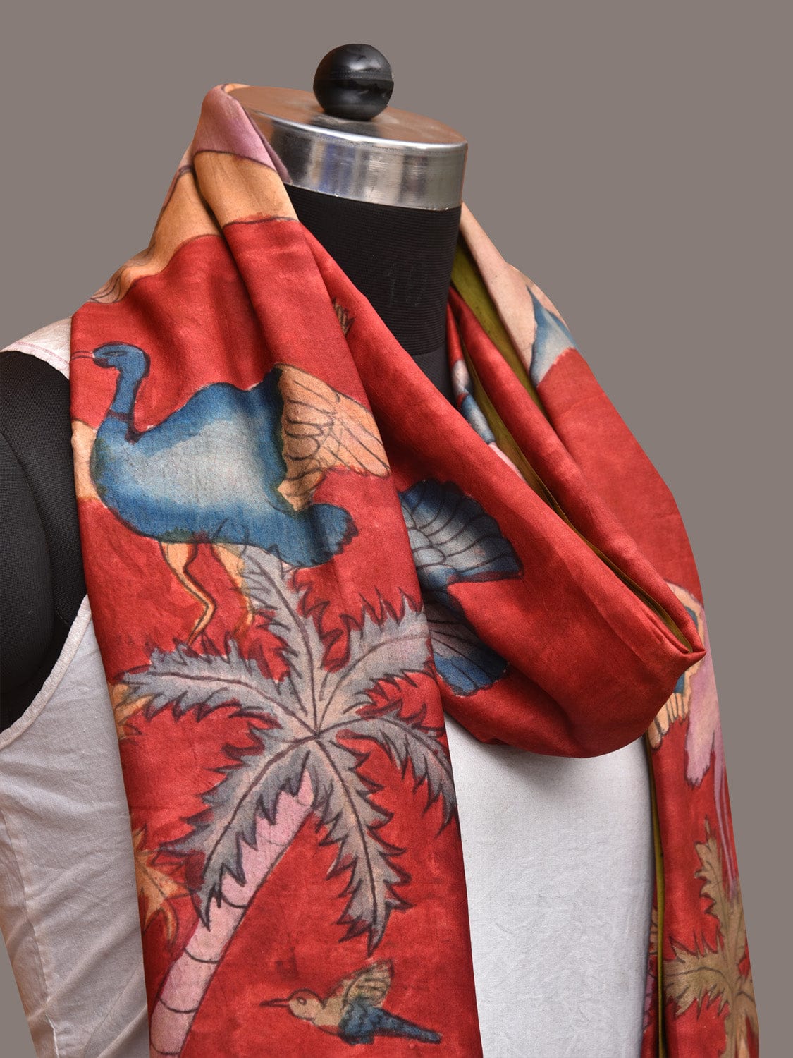 Red Kalamkari Hand Painted Kanchipuram Silk Handloom Dupatta with Mountains and Birds Design - Global Threads | Swadesiicart