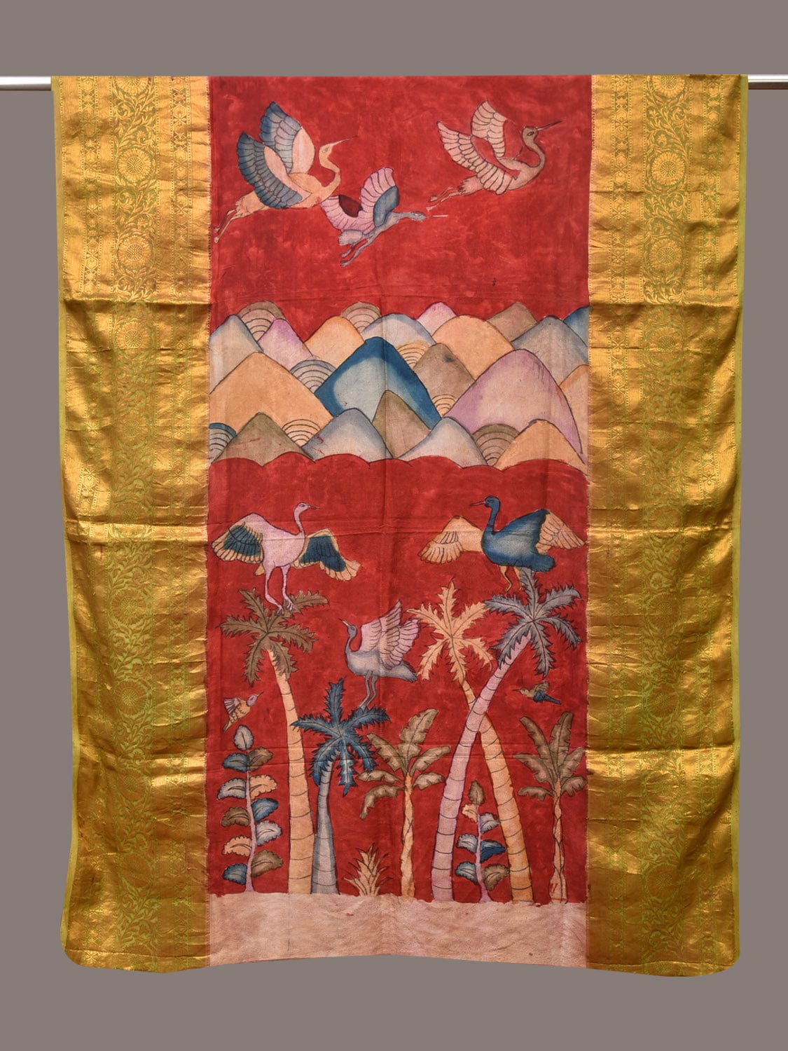 Red Kalamkari Hand Painted Kanchipuram Silk Handloom Dupatta with Mountains and Birds Design - Global Threads | Swadesiicart
