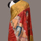 Red Kalamkari Hand Painted Kanchipuram Silk Handloom Dupatta with Mountains and Birds Design - Global Threads | Swadesiicart