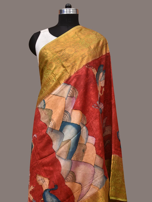 Red Kalamkari Hand Painted Kanchipuram Silk Handloom Dupatta with Mountains and Birds Design - Global Threads | Swadesiicart