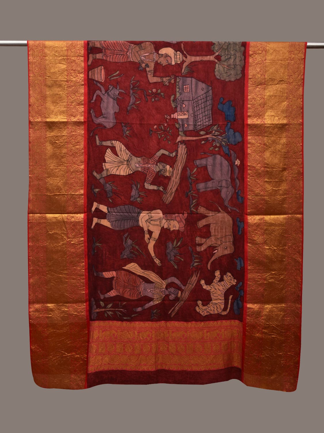 Red Kalamkari Hand Painted Kanchipuram Silk Handloom Dupatta with Village Design - Global Threads | Swadesiicart