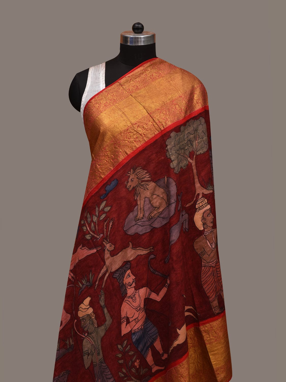 Red Kalamkari Hand Painted Kanchipuram Silk Handloom Dupatta with Village Design - Global Threads | Swadesiicart