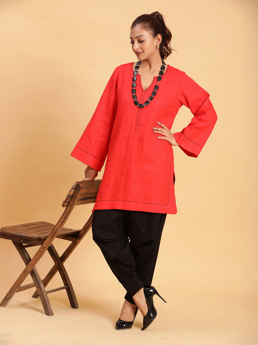 BohoJazz Red Threadwork Kurti with Black Harem Pants Co-ord Set - Swadesiicart