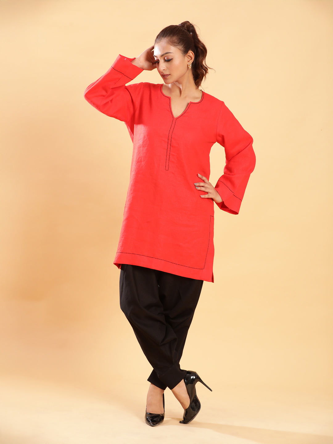 BohoJazz Red Threadwork Kurti with Black Harem Pants Co-ord Set - Swadesiicart