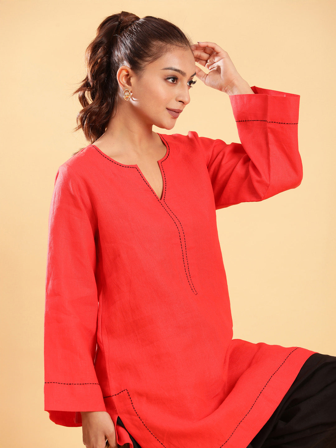 BohoJazz Red Threadwork Kurti with Black Harem Pants Co-ord Set - Swadesiicart