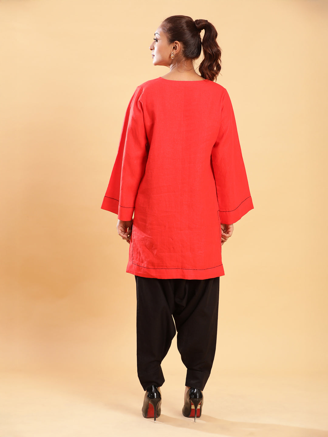 BohoJazz Red Threadwork Kurti with Black Harem Pants Co-ord Set - Swadesiicart