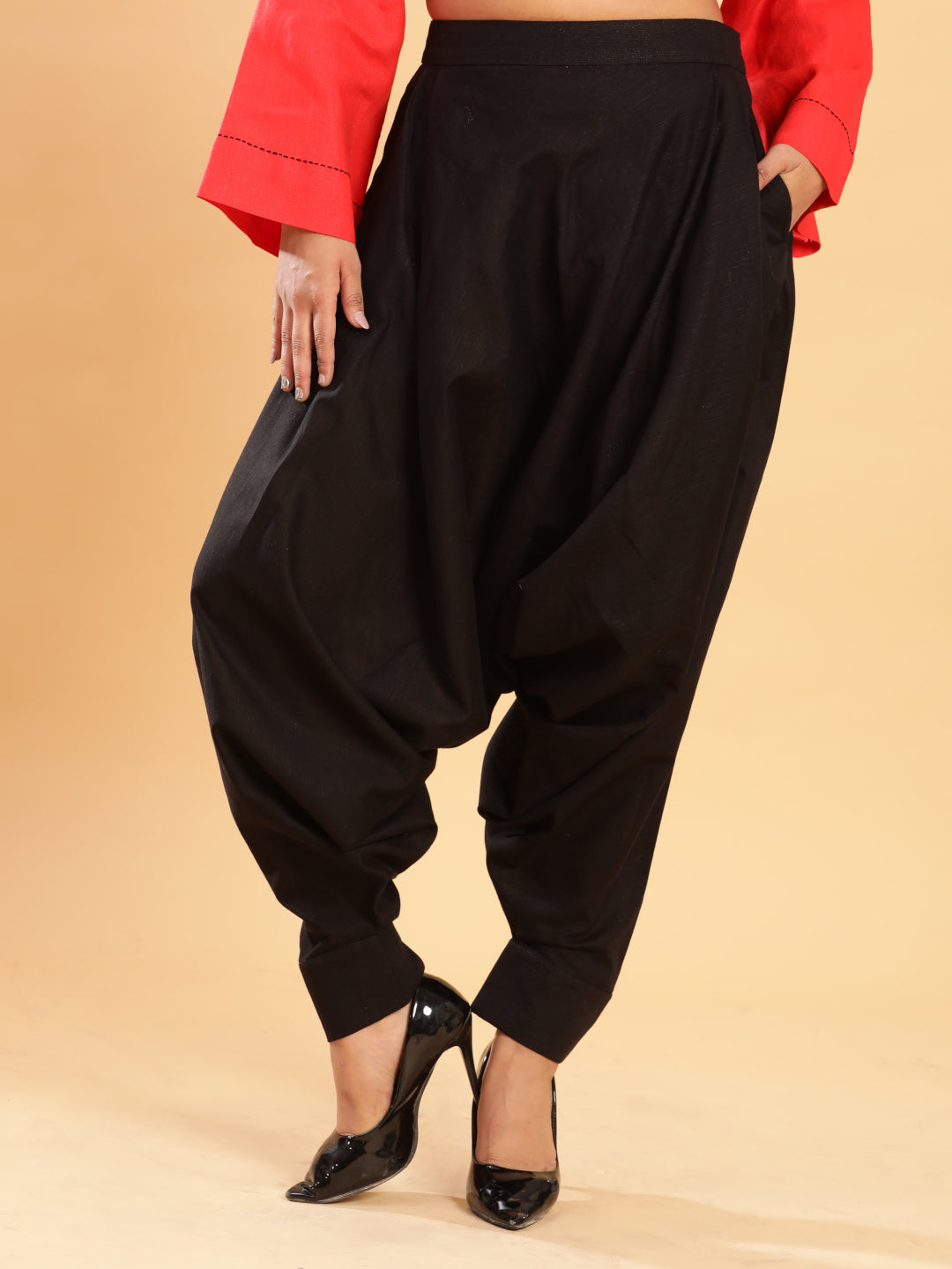 BohoJazz Red Threadwork Kurti with Black Harem Pants Co-ord Set - Swadesiicart