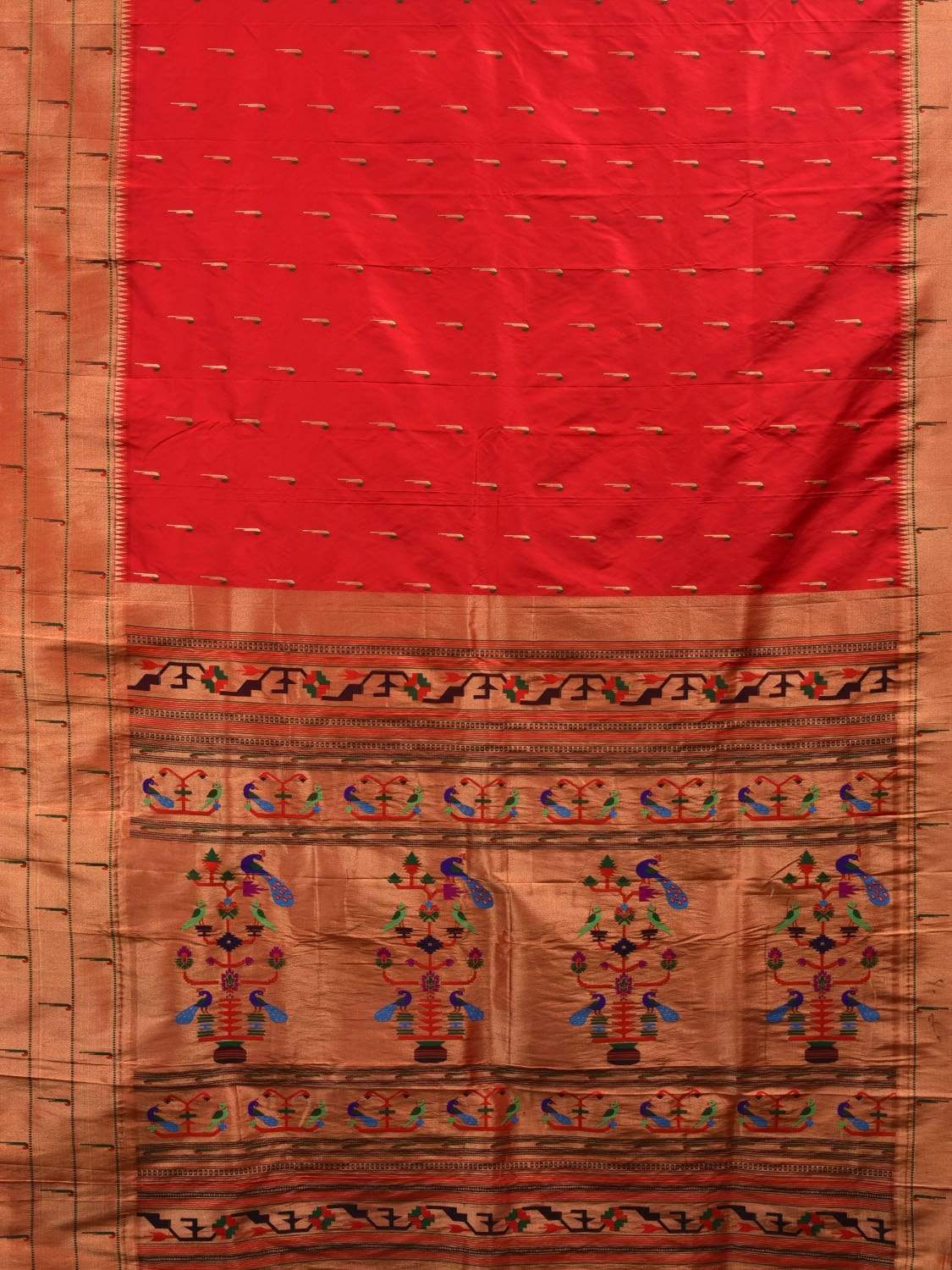 Red Paithani Silk Handloom Saree with Triple Muniya Border Saree - Global Threads | Swadesiicart