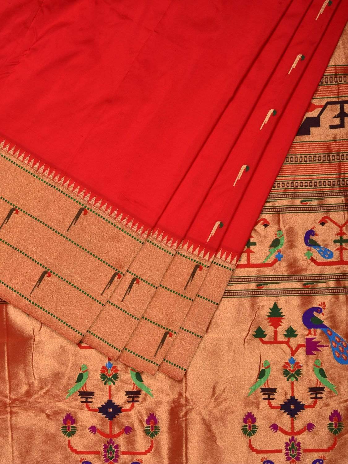 Red Paithani Silk Handloom Saree with Triple Muniya Border Saree - Global Threads | Swadesiicart