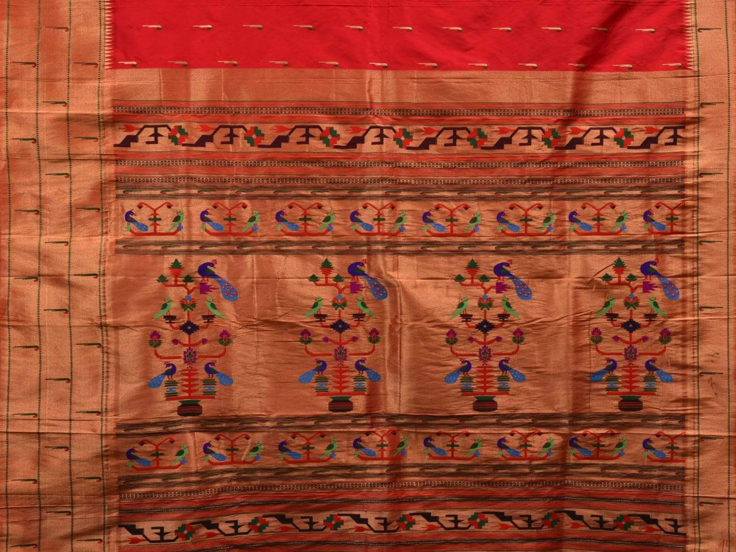 Red Paithani Silk Handloom Saree with Triple Muniya Border Saree - Global Threads | Swadesiicart