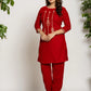 Yufta Red Velvet Embroidered Co-Ord Set With Cotton Lining - Swadesiicart