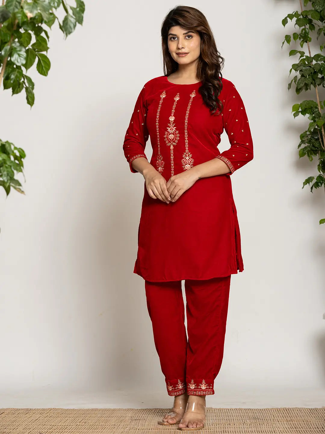 Yufta Red Velvet Embroidered Co-Ord Set With Cotton Lining - Swadesiicart
