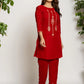 Yufta Red Velvet Embroidered Co-Ord Set With Cotton Lining - Swadesiicart