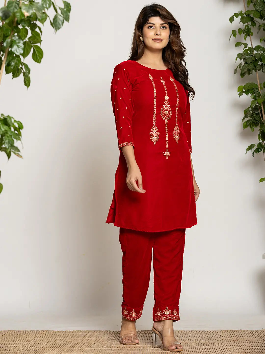 Yufta Red Velvet Embroidered Co-Ord Set With Cotton Lining - Swadesiicart