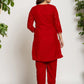 Yufta Red Velvet Embroidered Co-Ord Set With Cotton Lining - Swadesiicart