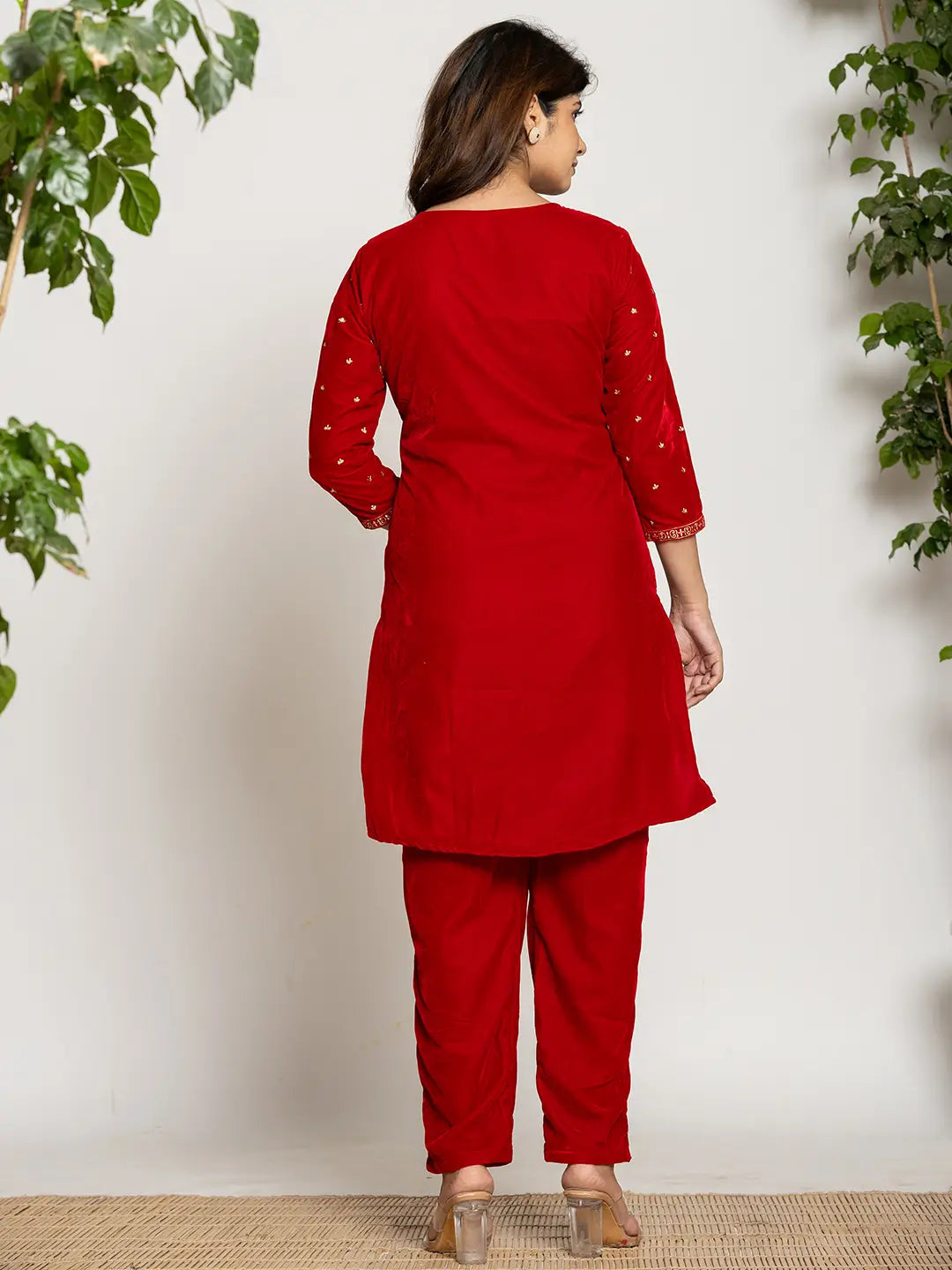 Yufta Red Velvet Embroidered Co-Ord Set With Cotton Lining - Swadesiicart