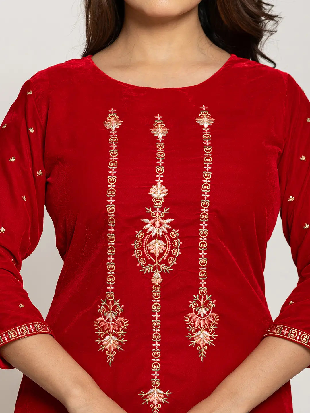 Yufta Red Velvet Embroidered Co-Ord Set With Cotton Lining - Swadesiicart