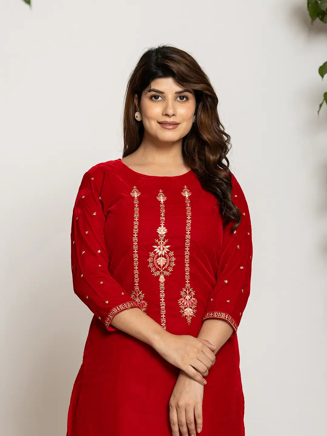 Yufta Red Velvet Embroidered Co-Ord Set With Cotton Lining - Swadesiicart
