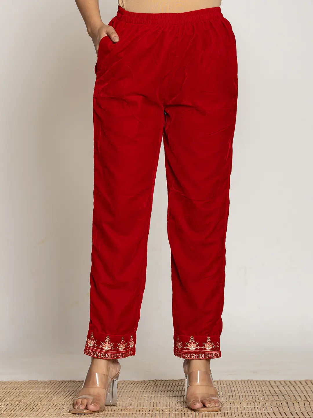 Yufta Red Velvet Embroidered Co-Ord Set With Cotton Lining - Swadesiicart