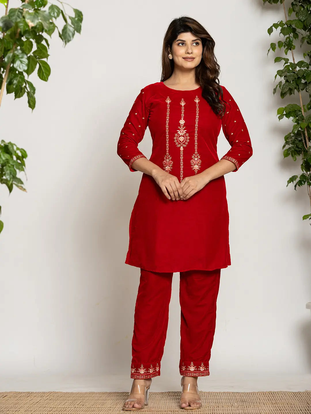 Yufta Red Velvet Embroidered Co-Ord Set With Cotton Lining - Swadesiicart