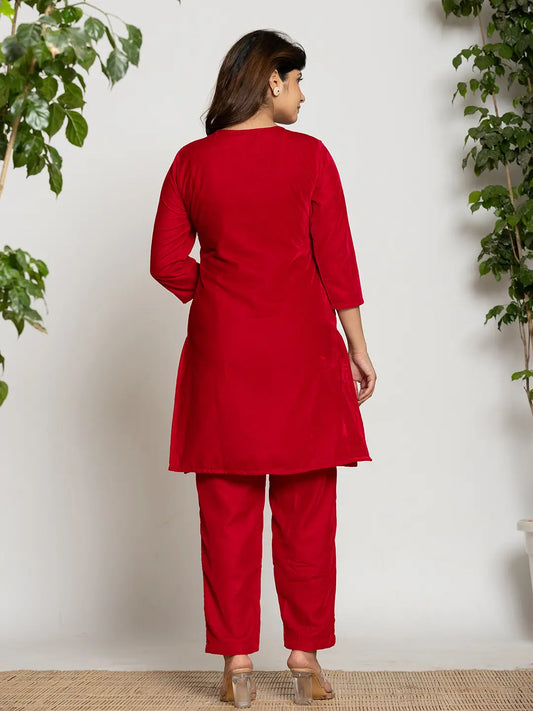 Yufta Pink Velvet Embroidered Tunic Co-Ord Set With Cotton Lining - Swadesiicart