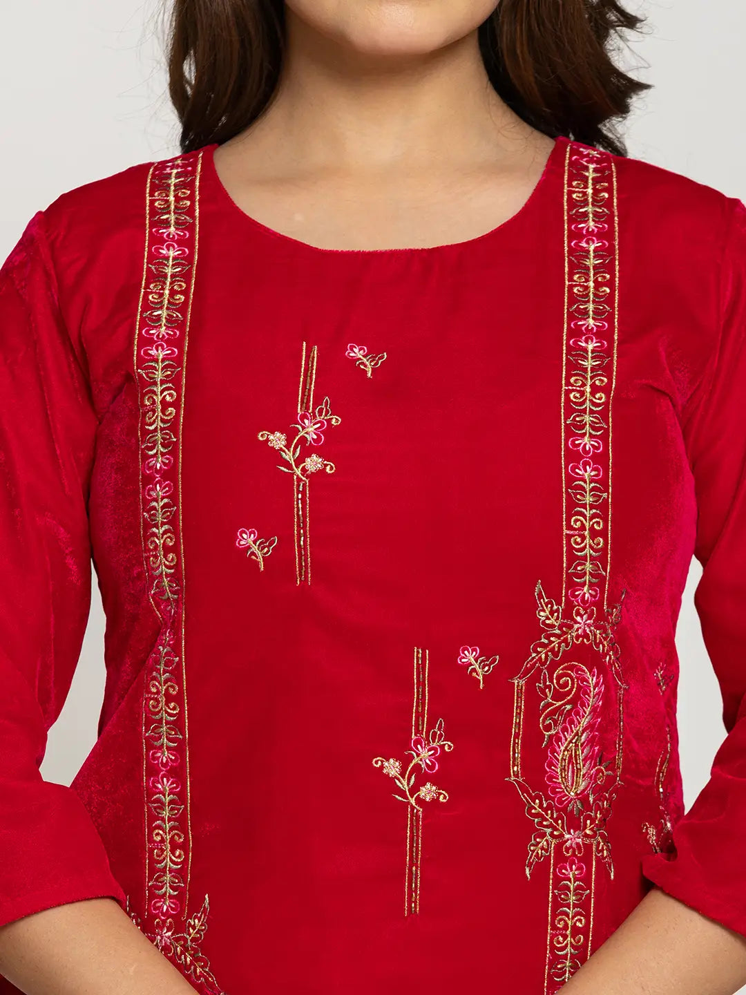 Yufta Pink Velvet Embroidered Tunic Co-Ord Set With Cotton Lining - Swadesiicart