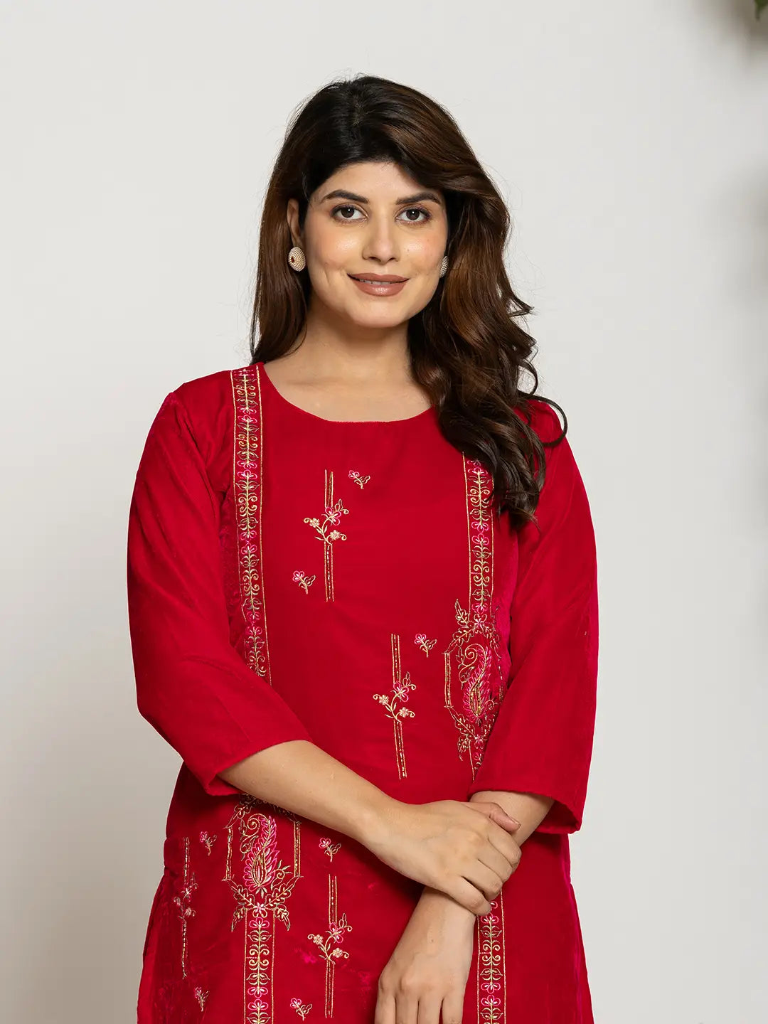 Yufta Pink Velvet Embroidered Tunic Co-Ord Set With Cotton Lining - Swadesiicart