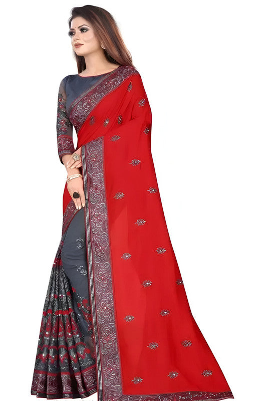Dishitha Creation Indian Women's Designer Embroidered Art Silk Saree - Red | Swadesiicart