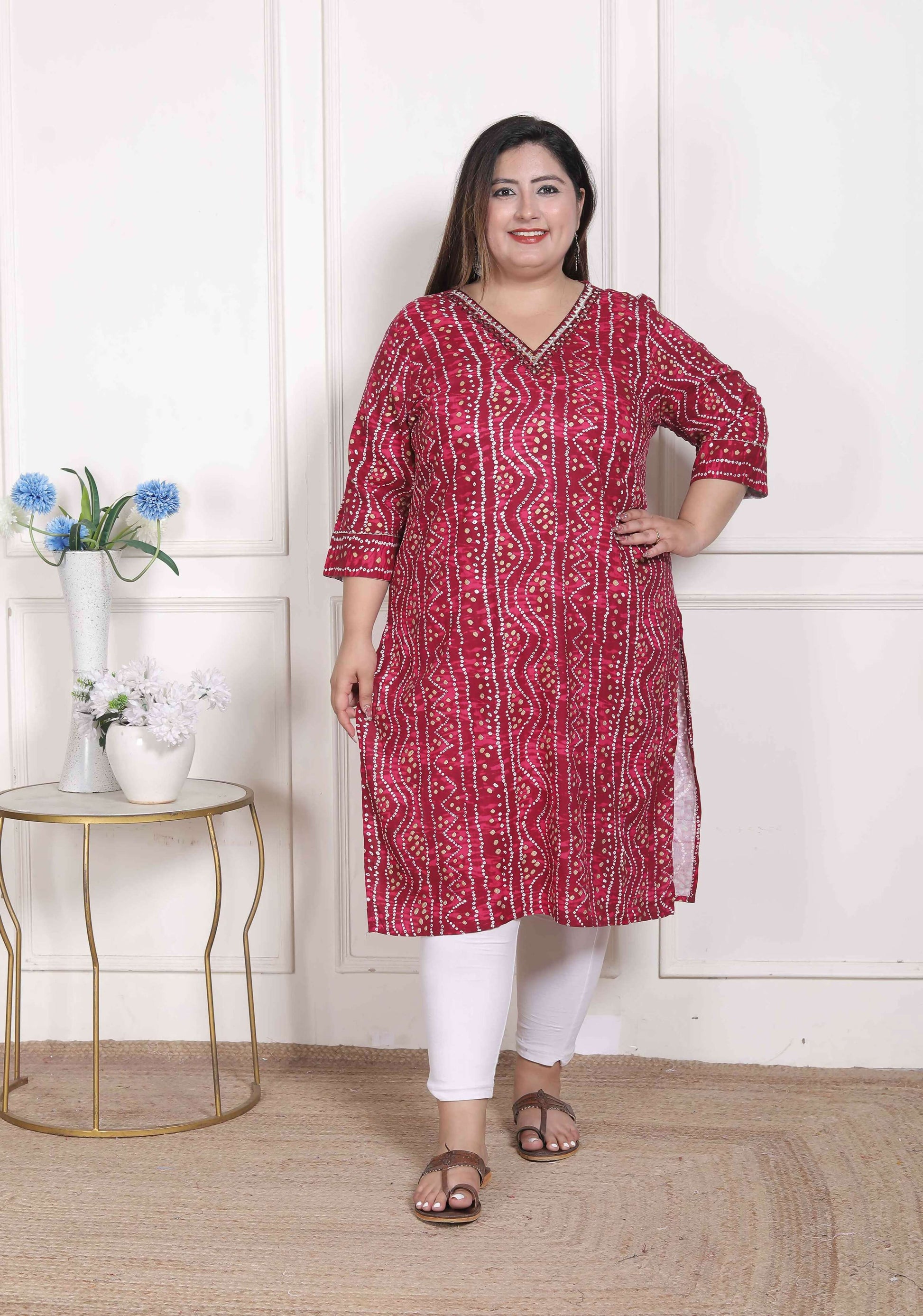 Miravan Women's Plus Size Bandhej Printed Rayon Kurta Magenta - Swadesiicart