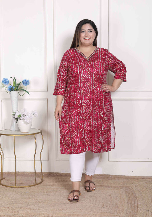 Miravan Women's Plus Size Bandhej Printed Rayon Kurta Magenta - Swadesiicart